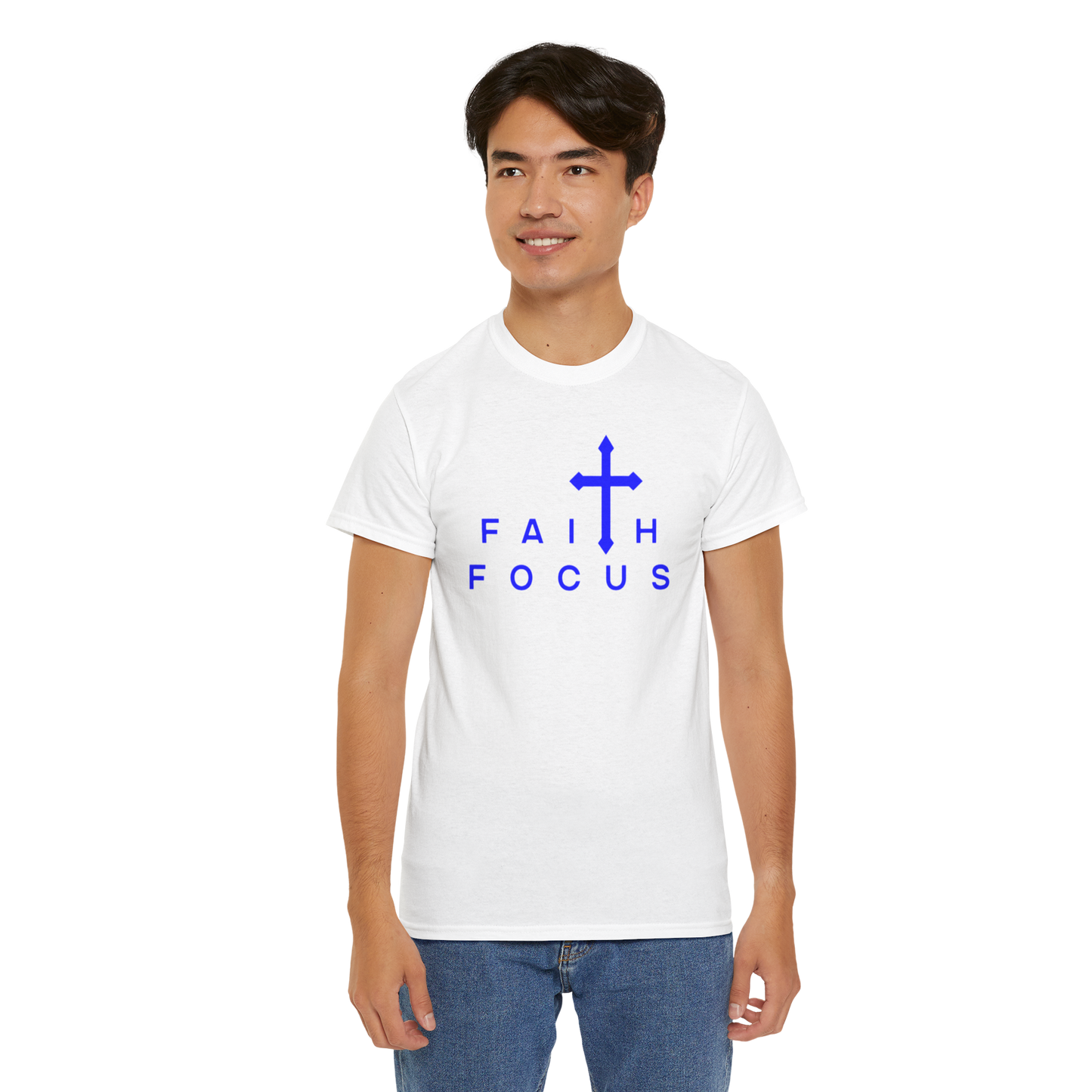 WHITE and BLUE  Faith Focus Unisex Tee